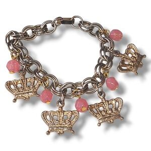 Vintage Gold Tone Crown Charm Bracelet Chunky Chain Pink Beads 7.5in Retro